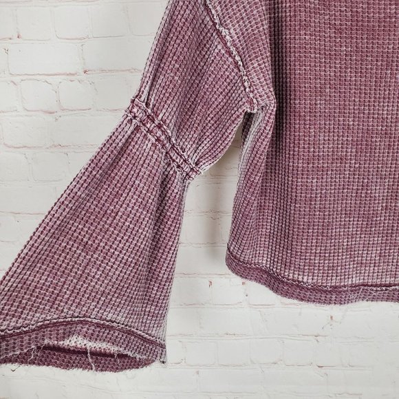 Free People Dahlia Washed Thermal Size S Wine Long Bell Sleeve Top V Neck - Picture 3 of 15